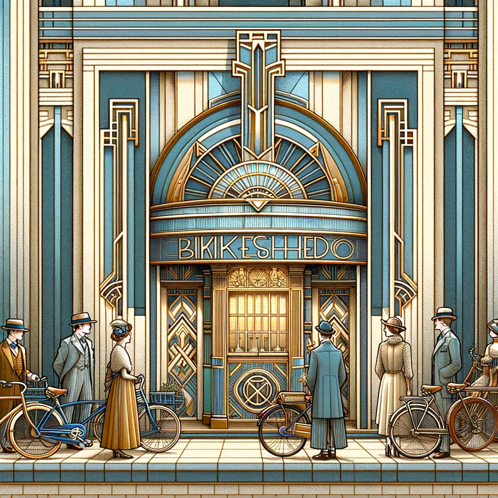 a fancy art deco building labeled "bike shed" except it says "bikikeshedo" or some AI nonsense