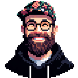 a pixelated portrait of Austin in a flowered hat